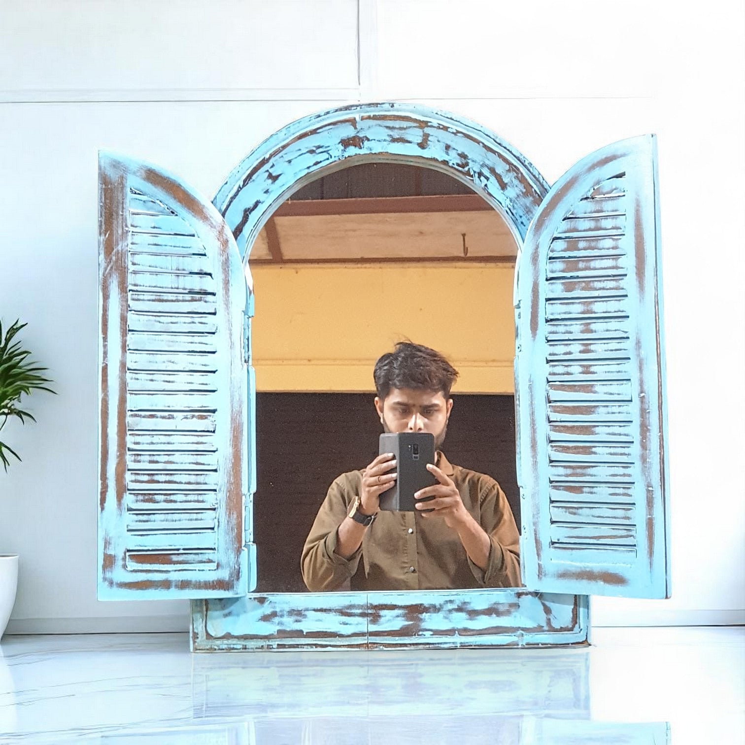 Echoes in Wood - Handmade Vintage Style Indian Mirror Frame Window Style Small Wall Decor 16x22 in