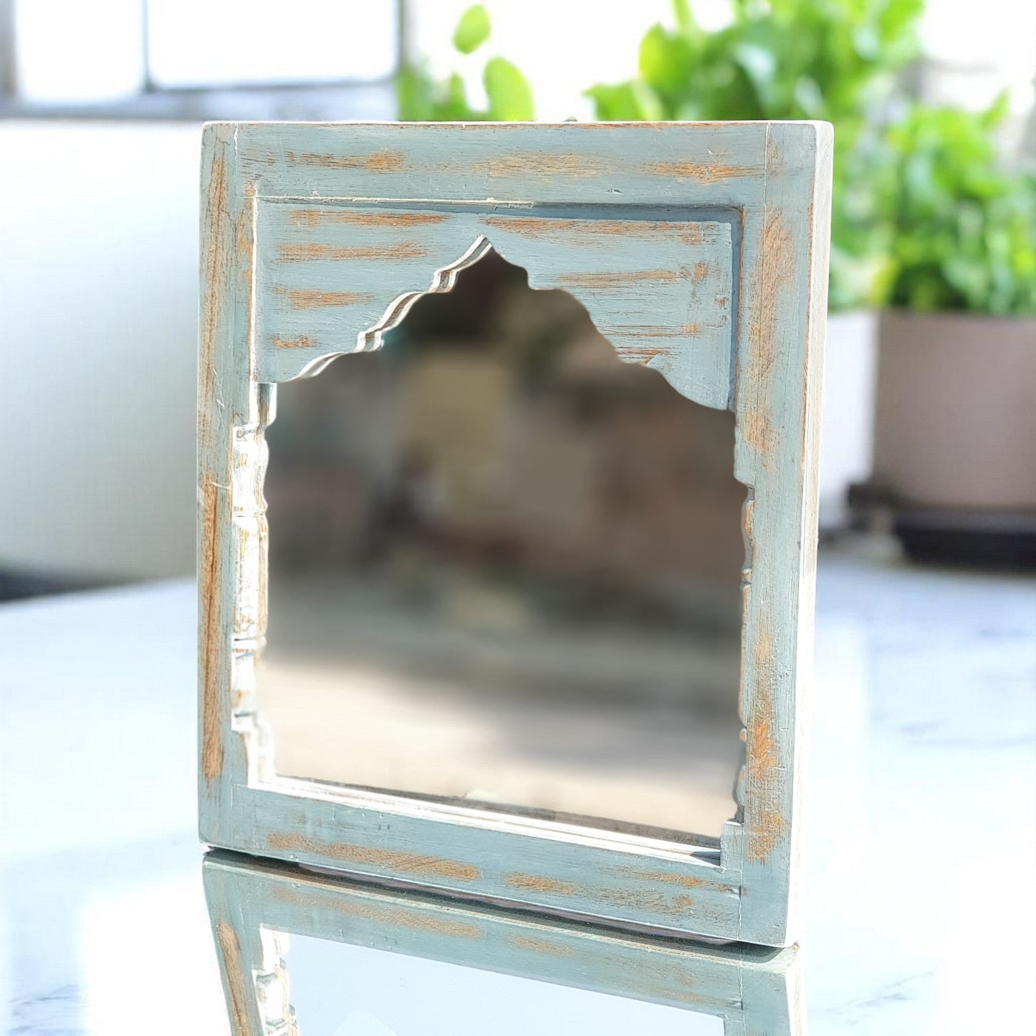 Echoes in Wood - Handmade Vintage Style Indian Mirror Frame Small Wall Decor 14X16 in