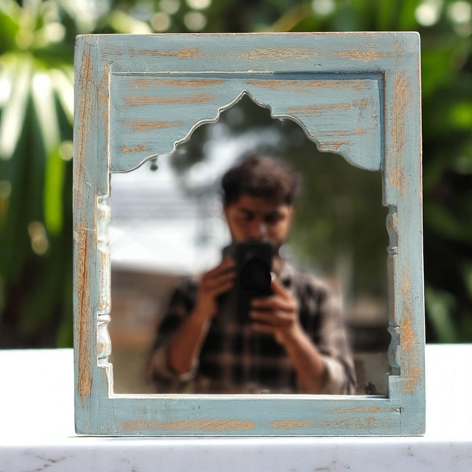 Echoes in Wood - Handmade Vintage Style Indian Mirror Frame Small Wall Decor 14X16 in