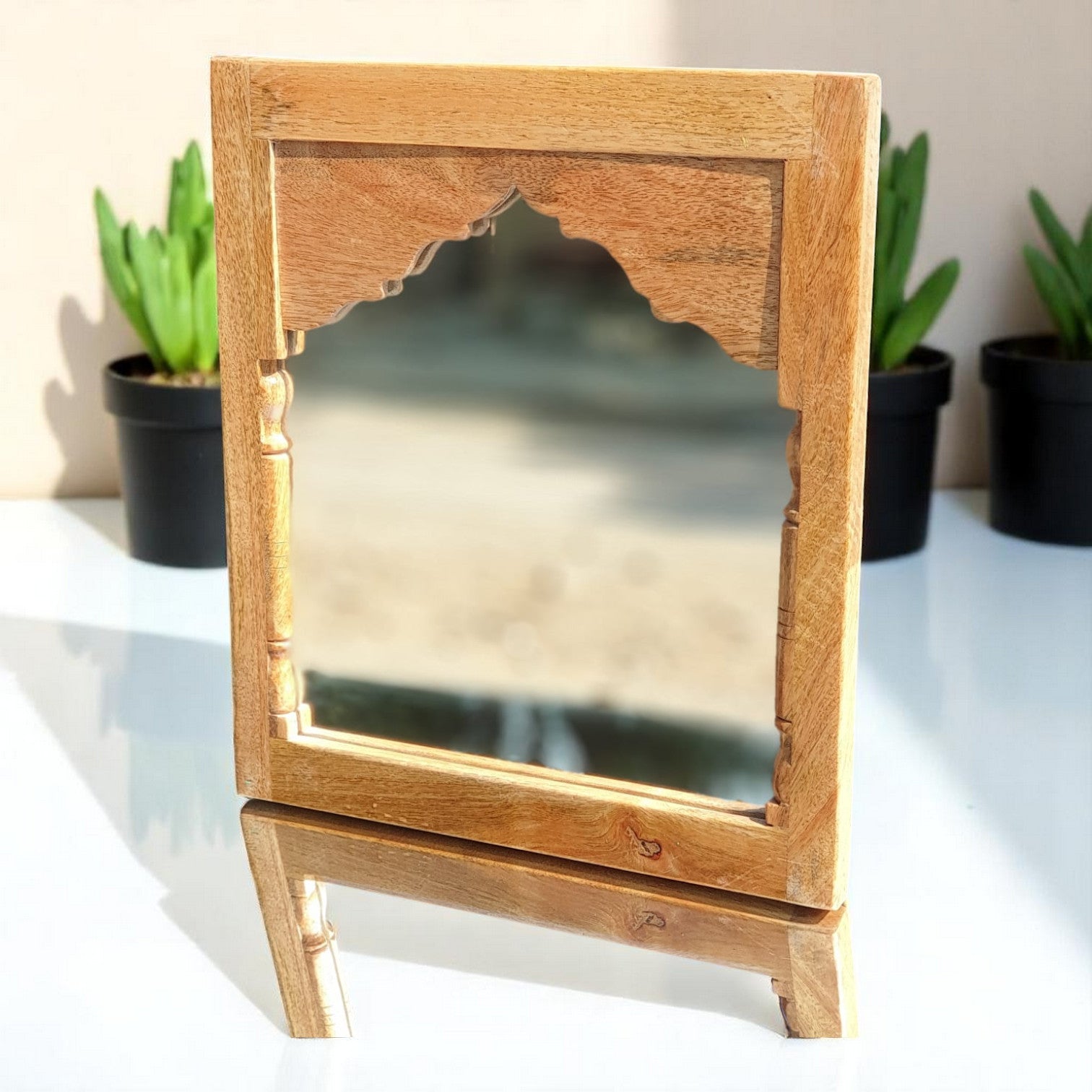 Echoes in Wood - Handmade Vintage Style Indian Mirror Frame Small Wall Decor 14X16 in