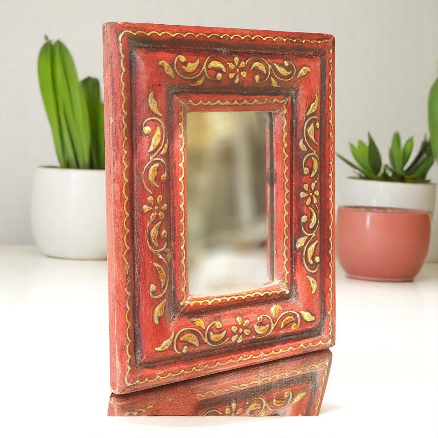 Echoes in Wood - Handmade Vintage Style Indian Mirror Frame Small Wall Decor 8X11 in