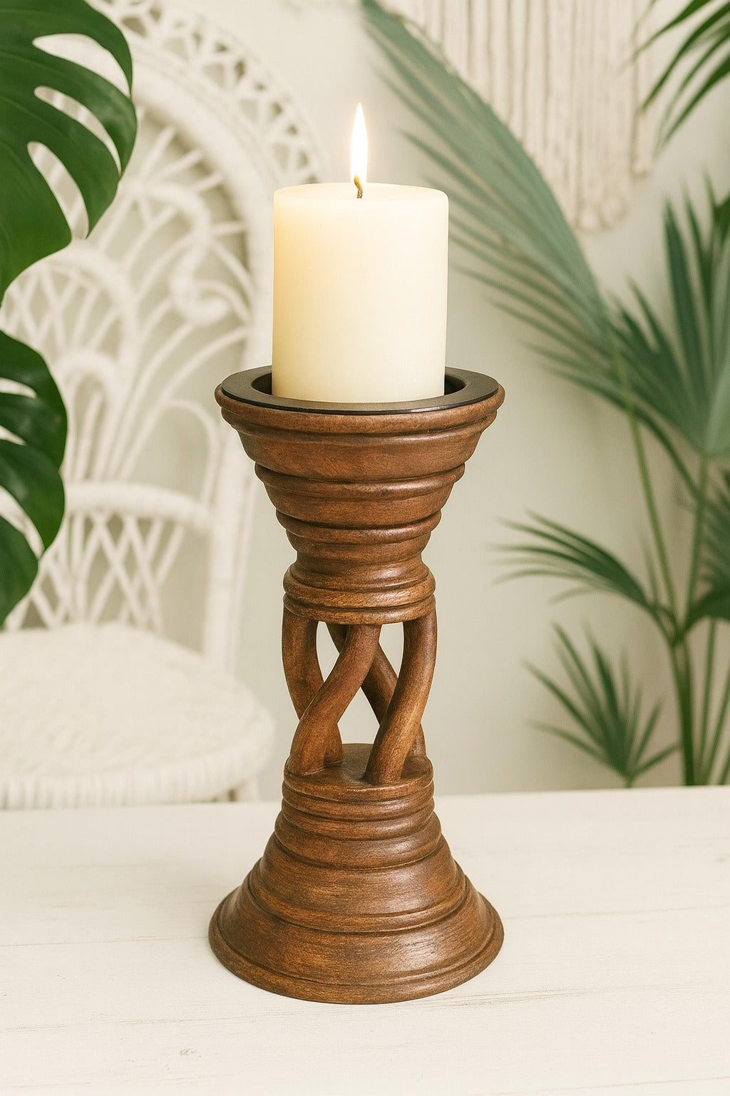 Distressed Brown Solid Wood Spiral Candle Holder – Antique Table Leg 29