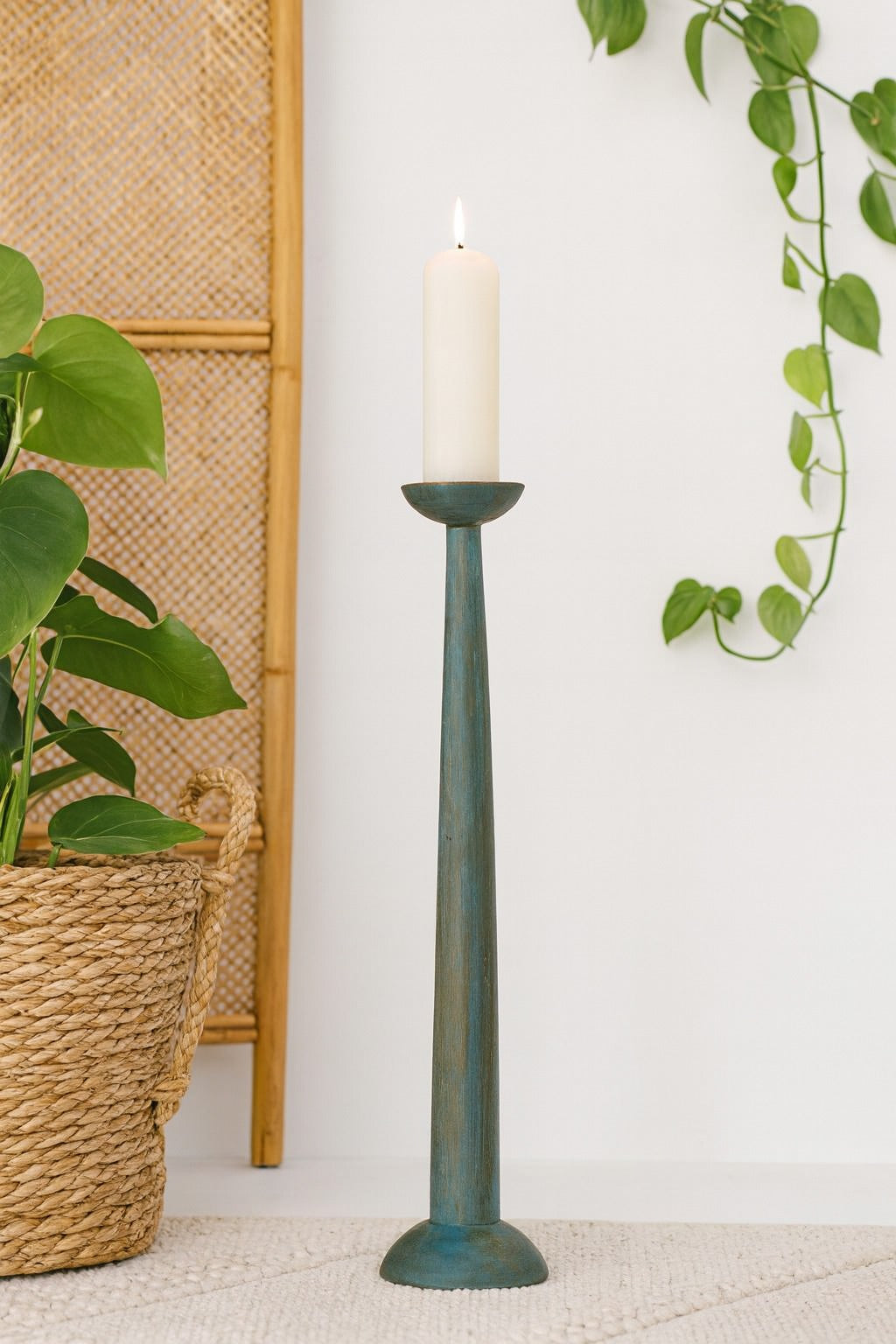 classic pillar Distressed Green Solid Wood  Candle Holder – Antique Table Leg 74