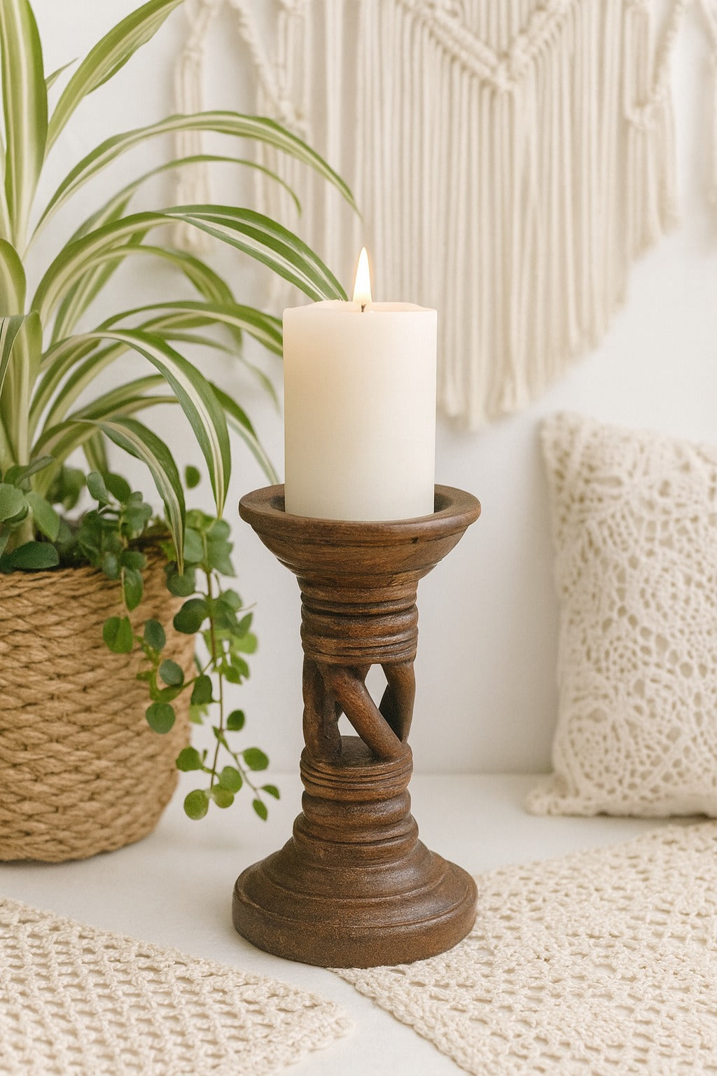 classic pillar Distressed Brown Solid Wood  Candle Holder – Antique Table Leg 97