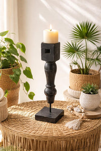 classic pillar Distressed Black Solid Wood  Candle Holder – Antique Table Leg 184