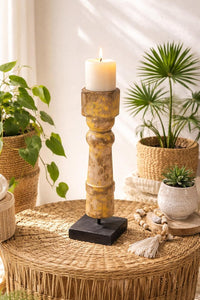 classic pillar Distressed Brown Solid Wood  Candle Holder – Antique Table Leg 185